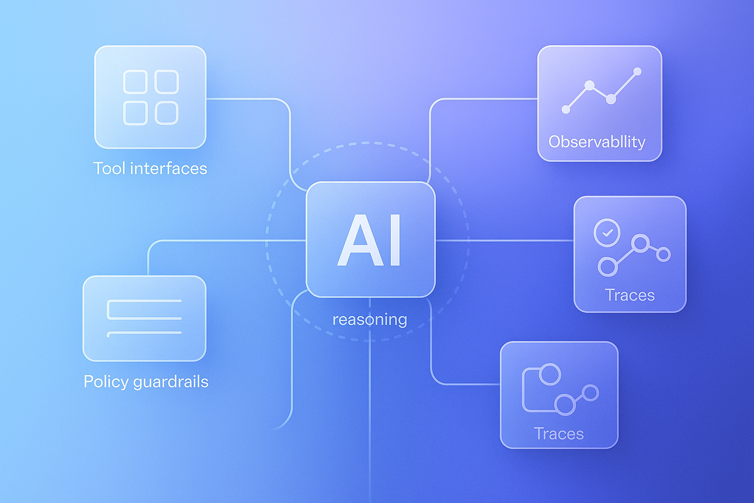Systems diagram of an AI agent connected to tools, observability, approval gates, memory, and policy guardrails