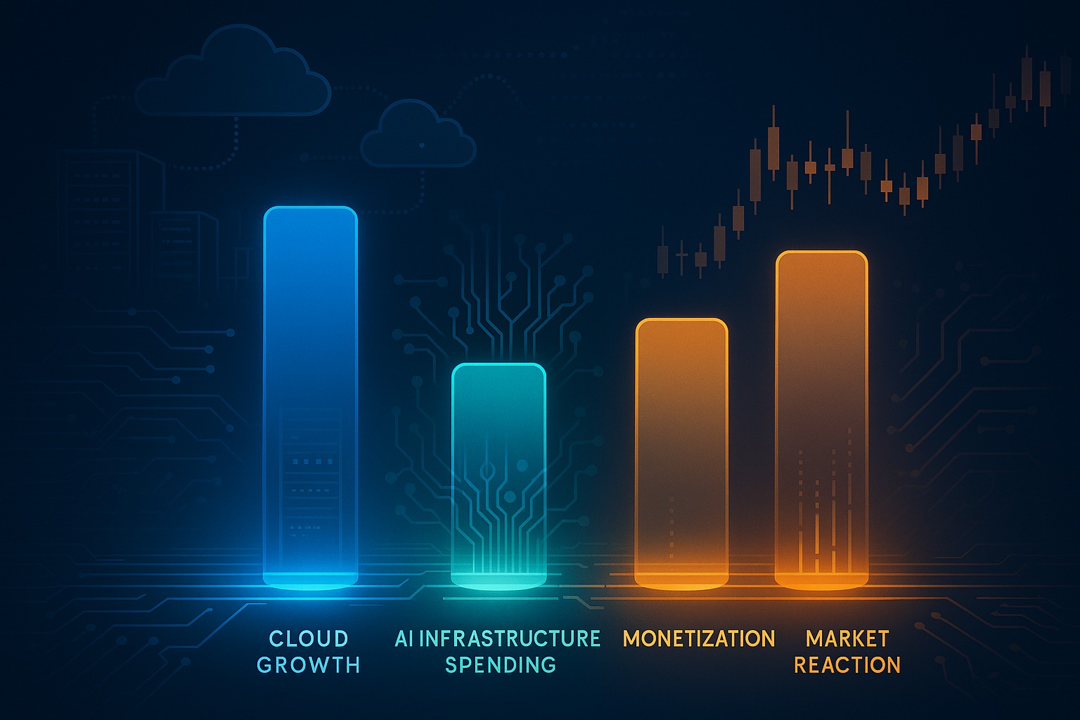 Abstract market dashboard with cloud growth, AI infrastructure, and earnings signals