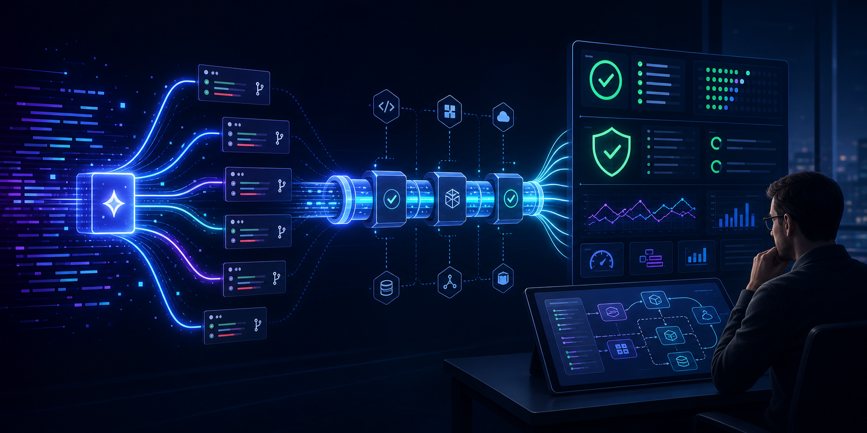 AI-generated code moving through automated verification gates before human review