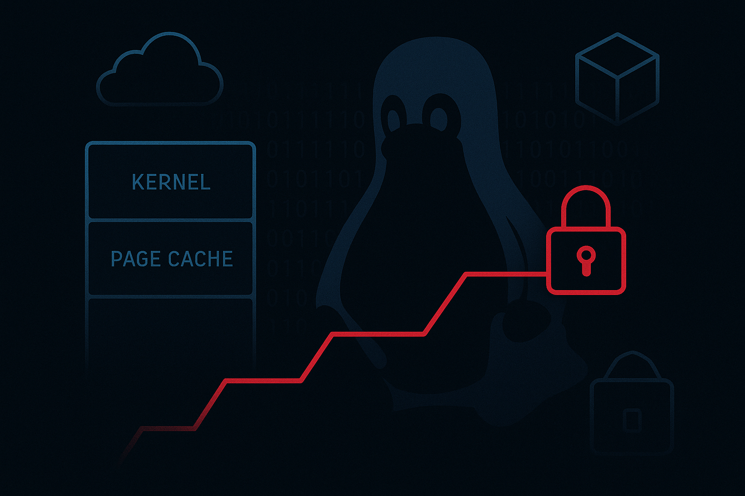 Linux kernel privilege escalation concept with memory pages, containers, and security signals