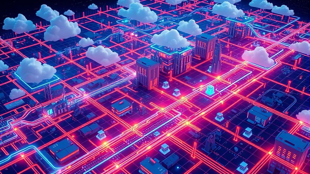 A digital isometric map of a futuristic infrastructure city with data pathways and autonomous agents.