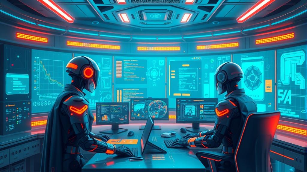 A futuristic SRE command center where holographic AI agents are collaborating with a human engineer to solve a system outage