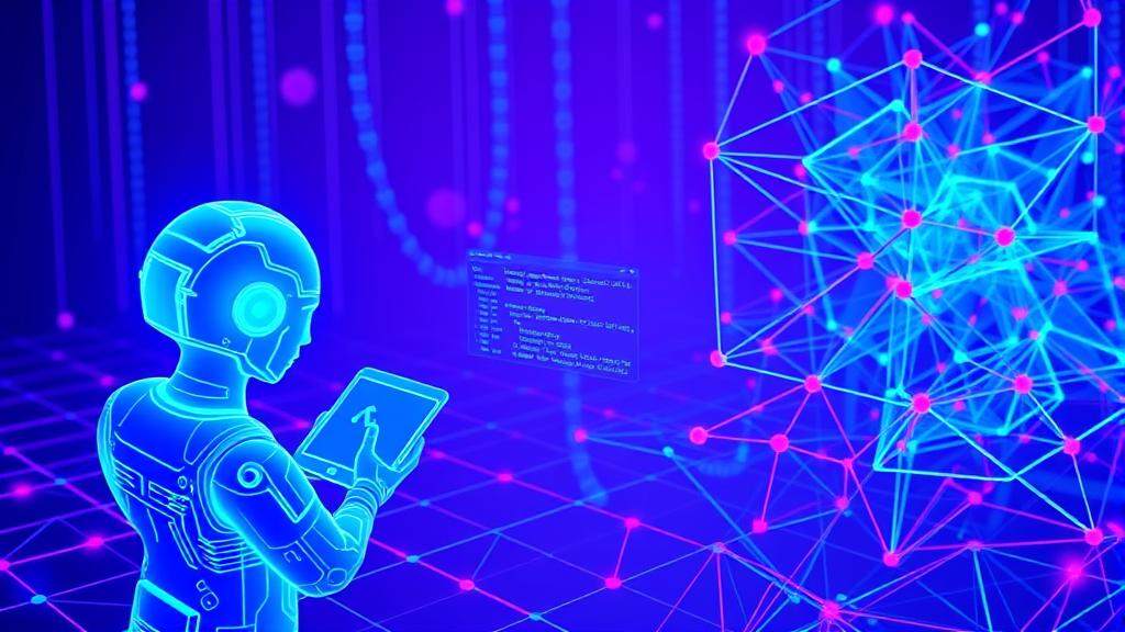 Abstract 3D visualization of a software deployment pipeline, where a glowing blue AI agent is inspecting a code block before allowing it to merge into a massive complex network structure.