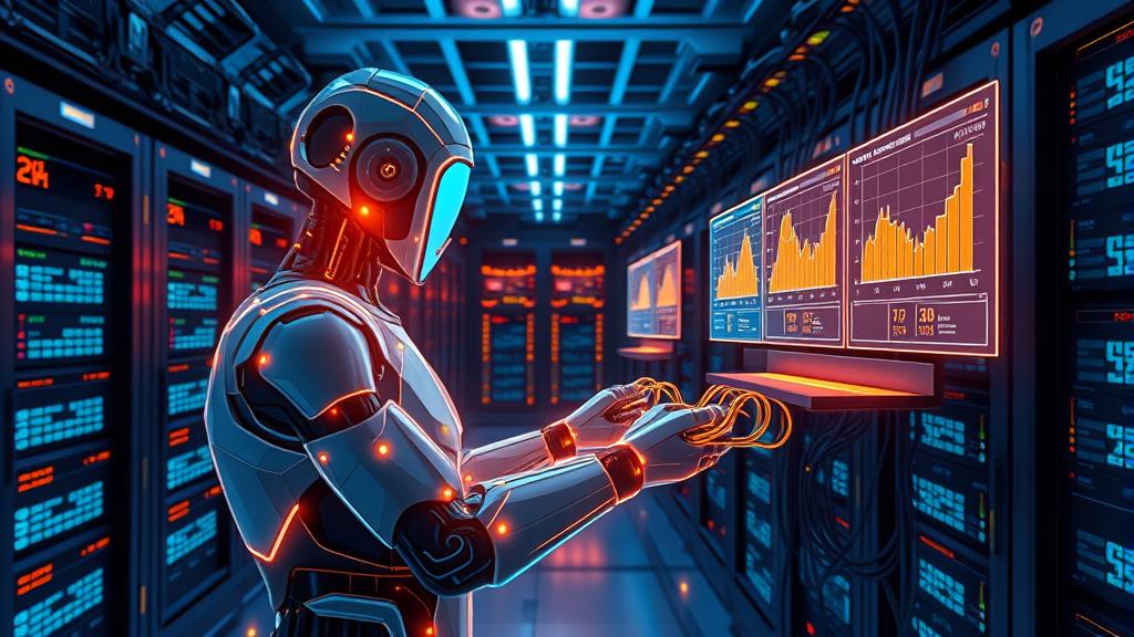 A futuristic digital illustration of an AI agent conducting a controlled chaos engineering experiment on a complex server infrastructure.