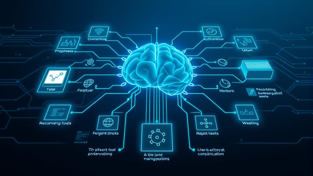 A futuristic diagram of an autonomous SRE agent architecture, showing a central brain connected to various monitoring tools and servers, glowing blue and green lines, high tech style
