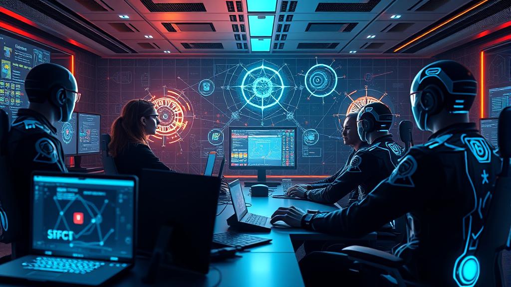 A futuristic SRE control room where human engineers supervise holographic AI agents in a collaborative workspace.