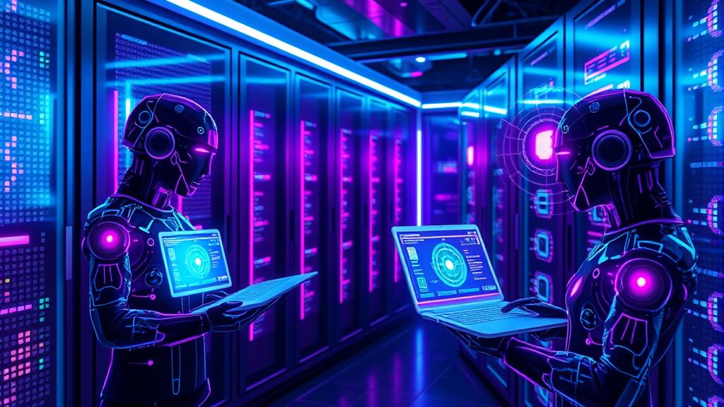 A futuristic data center glowing with neon blue and purple lights, where holographic AI agents are actively collaborating and monitoring holographic system interfaces representing network reliability and self-healing infrastructure, cyberpunk digital art style