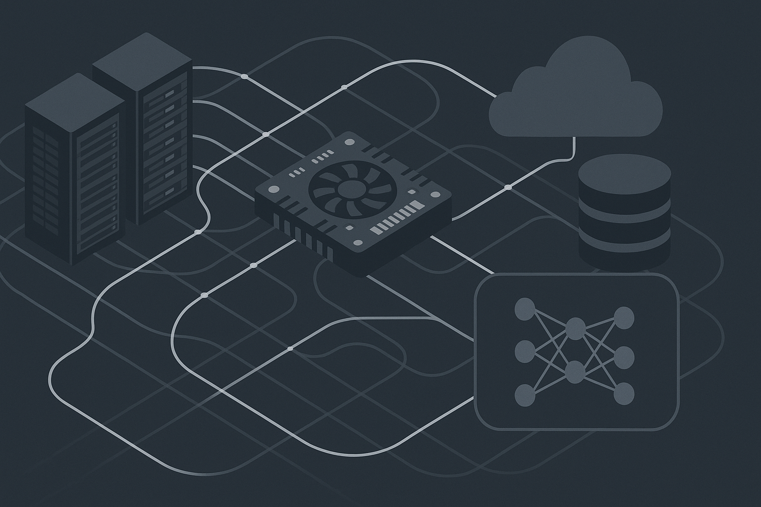 Abstract illustration of distributed systems, AI infrastructure, networking, storage, and accelerators