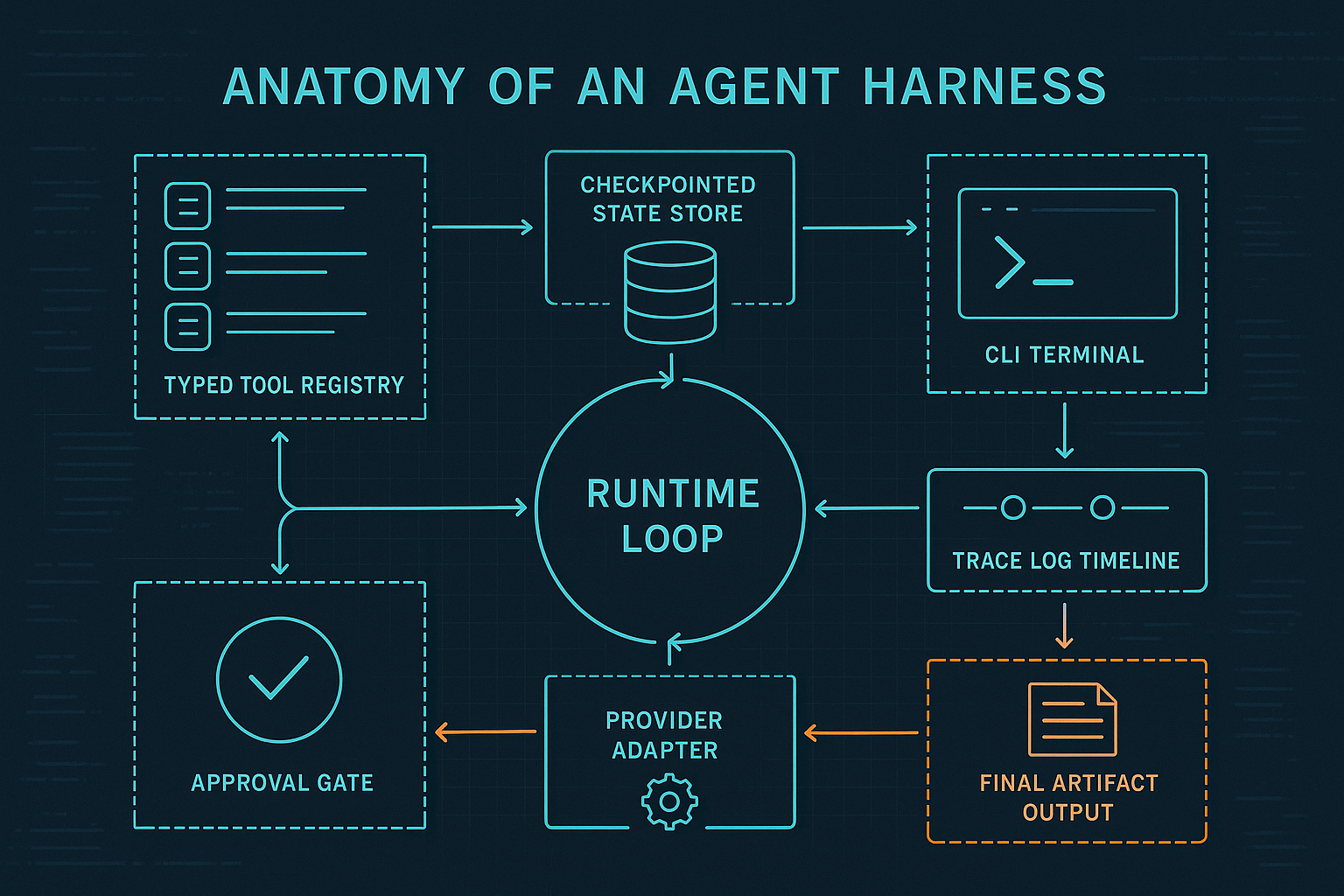 Blueprint-style diagram of an agent runtime surrounded by tools, state, traces, approvals, and outputs