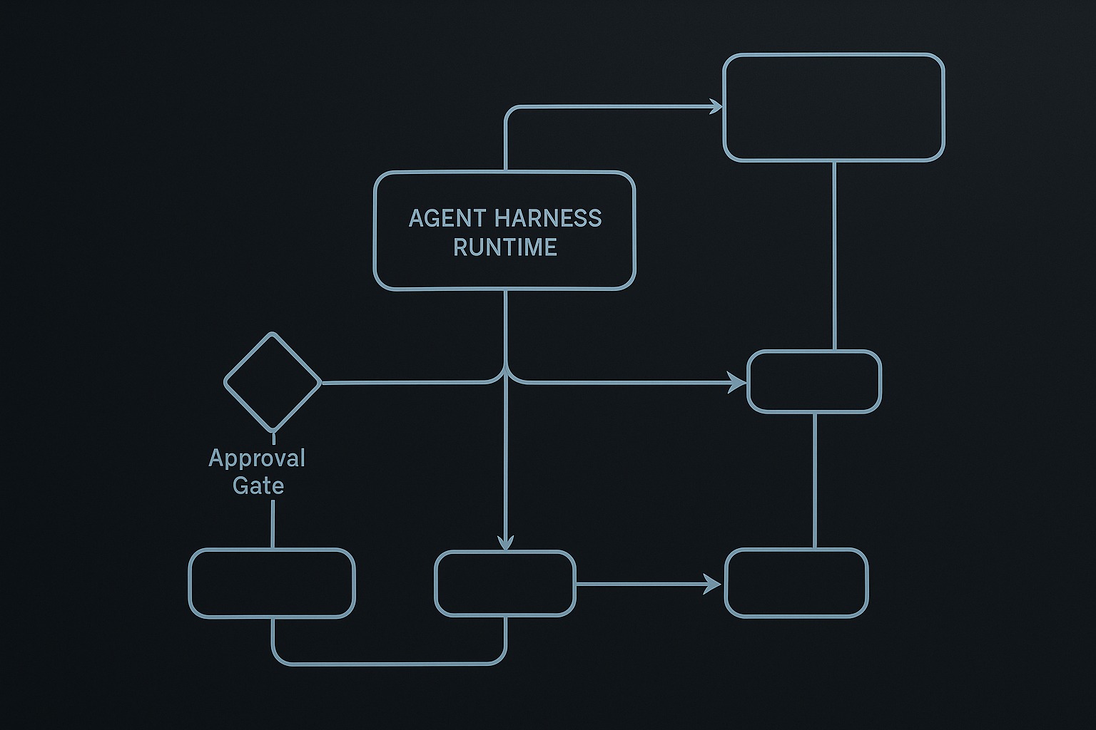 Systems diagram showing an agent harness with workflow nodes, approval gates, manager-worker branches, and handoff arrows