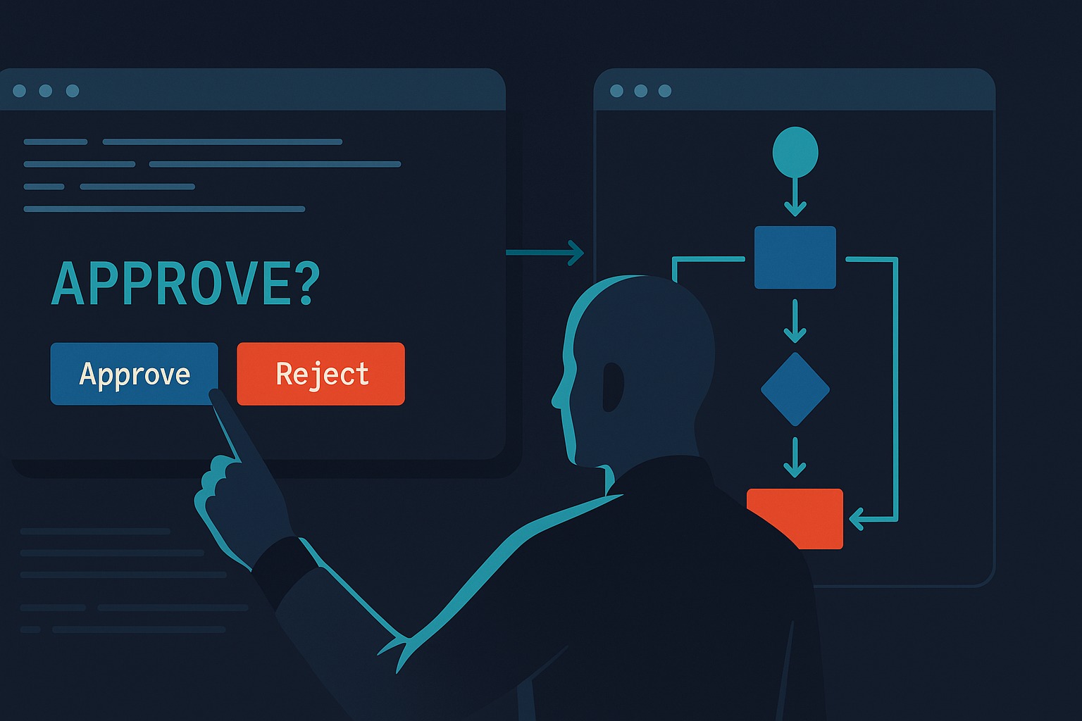 Technical illustration of an agent workflow paused at an approval gate while a human reviewer decides whether to continue