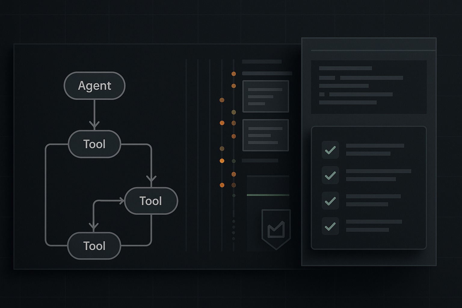 Technical illustration of an agent workflow feeding event traces into a compact observability panel and evaluation checklist