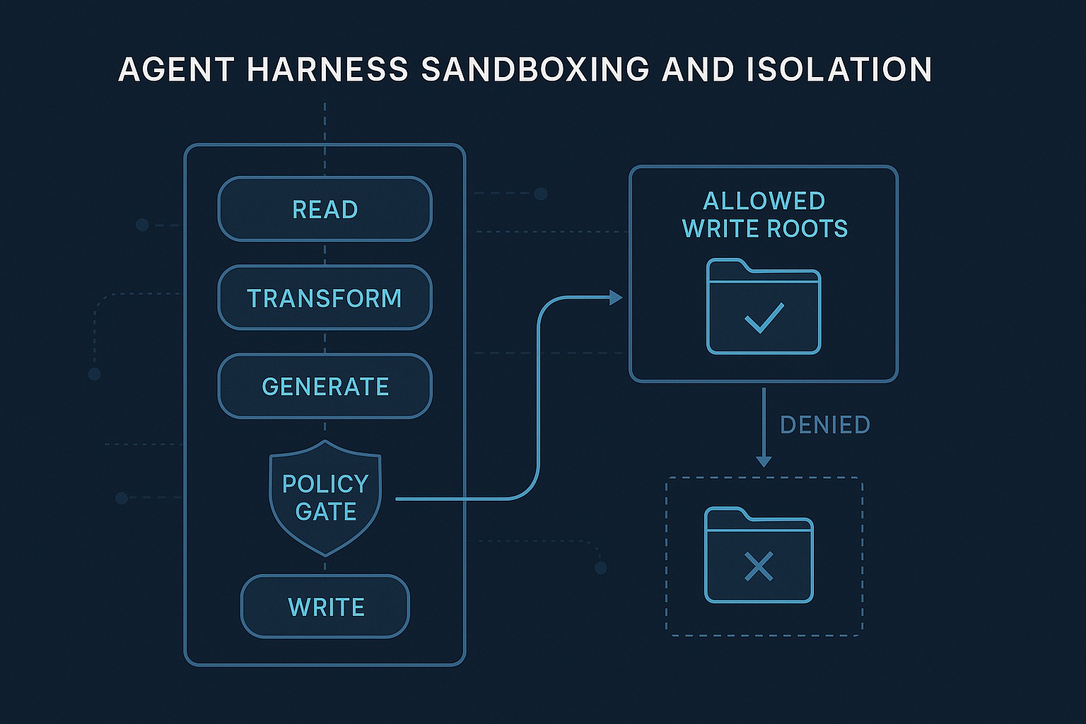 Technical illustration of an agent workflow passing through a policy gate before a filesystem write inside an allowed directory boundary