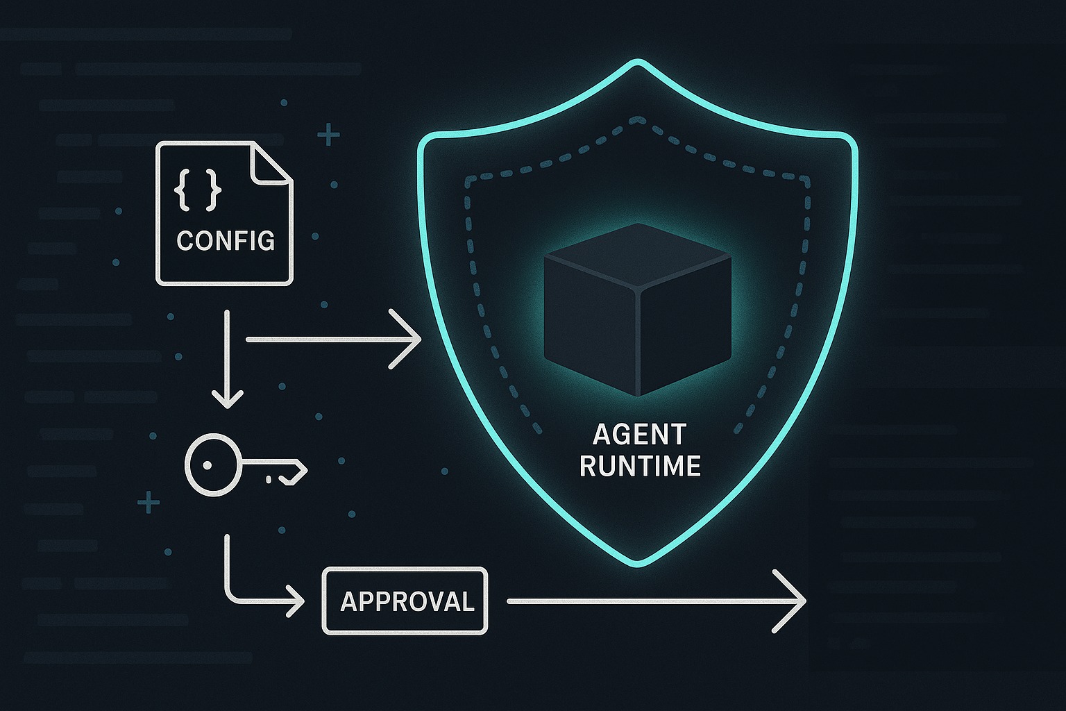 Technical illustration of an agent runtime protected by a glowing policy boundary with config and key symbols outside the boundary