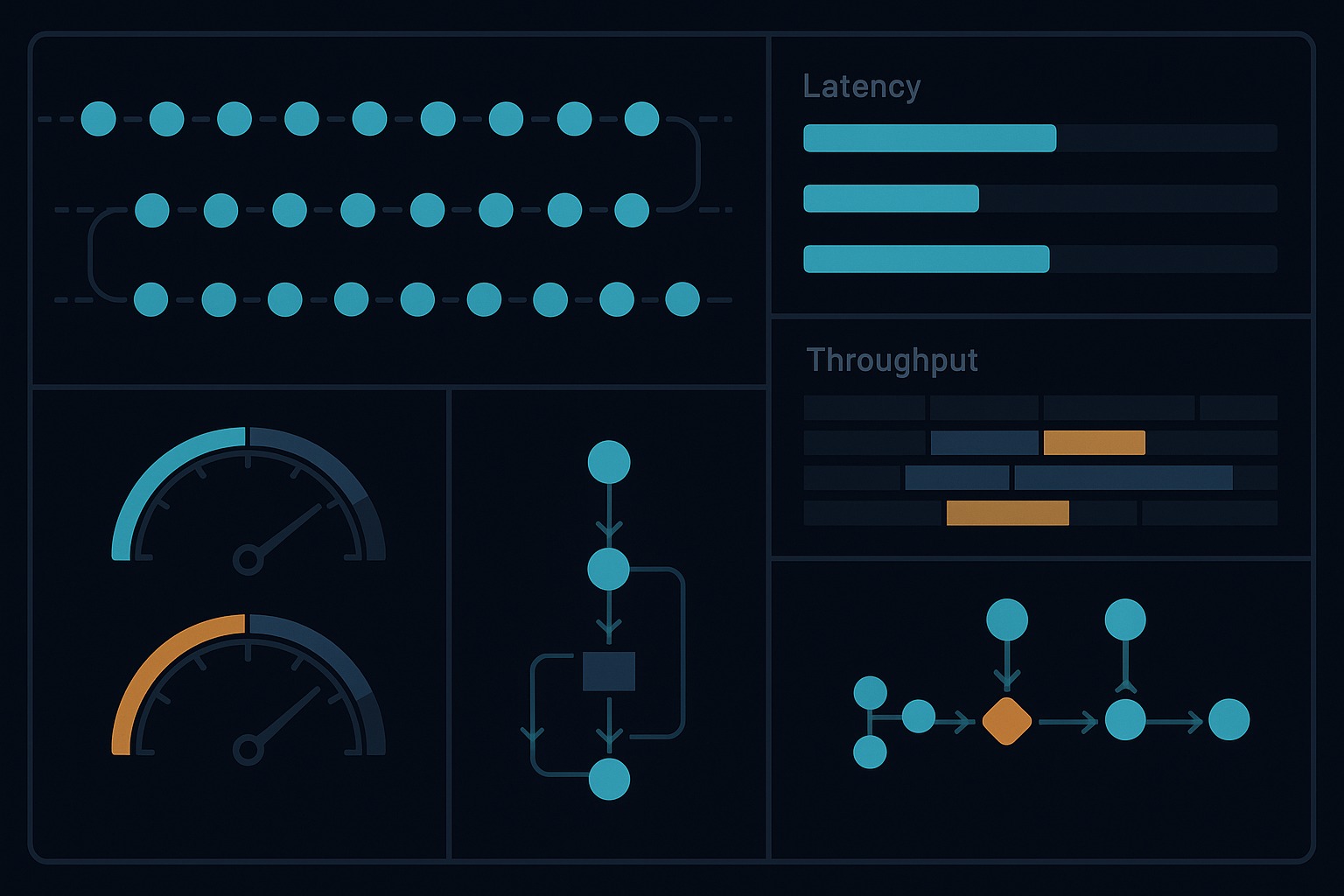 Technical dashboard showing token streams, latency bars, throughput gauges, and an approval-gated agent workflow