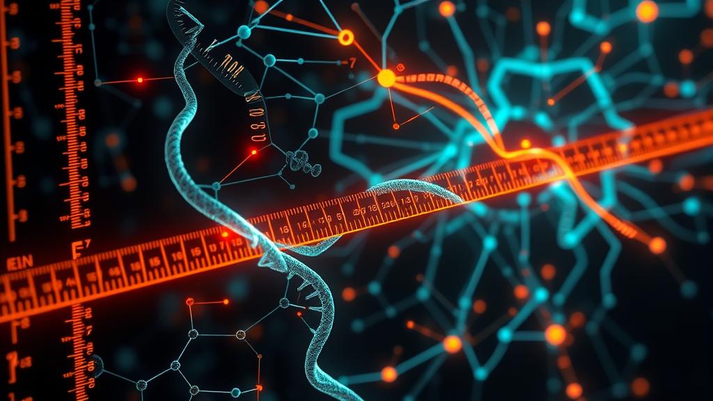 Abstract digital art representing AI model evaluation, with glowing rulers and glowing biological structures like DNA and proteins intersecting with neural network nodes.