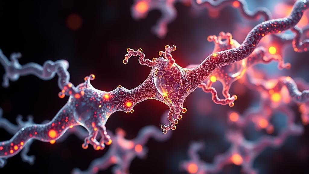 Futuristic 3D render of glowing protein structures and AI neural networks merging