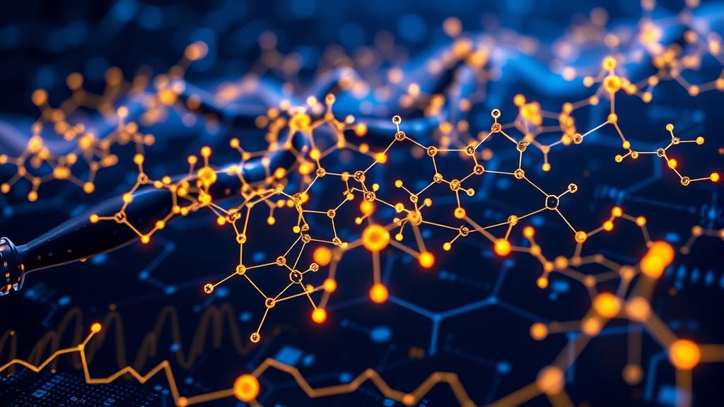 A glowing chemical structure network overlaid on a high-throughput mass spectrometry visualization, futuristic blue and gold tones, representing AI deciphering metabolomics