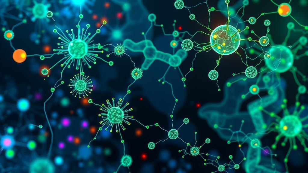 Futuristic scientific visualization of a complex microbial ecosystem