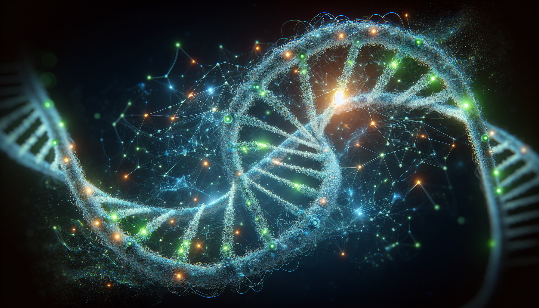 DNA helix with neural network overlay representing AI decoding gene regulatory grammar
