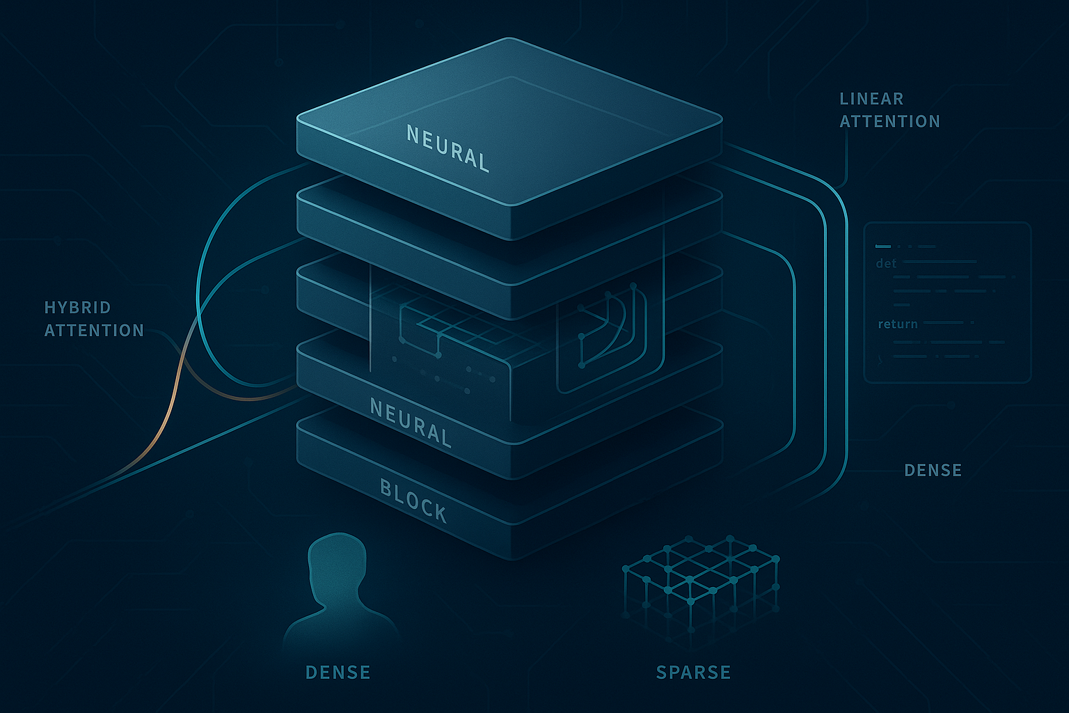 Futuristic illustration of a mid-size AI model architecture with layered neural blocks and efficient attention pathways