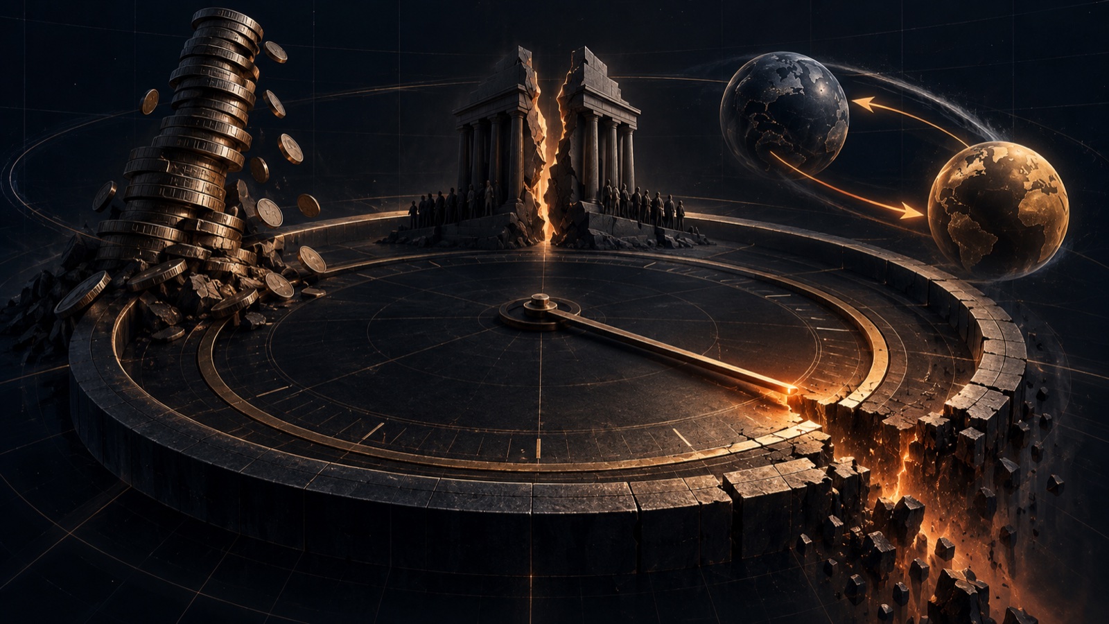 A cracked circular clock surrounded by an unstable debt tower, a divided institution, and two global powers exchanging position