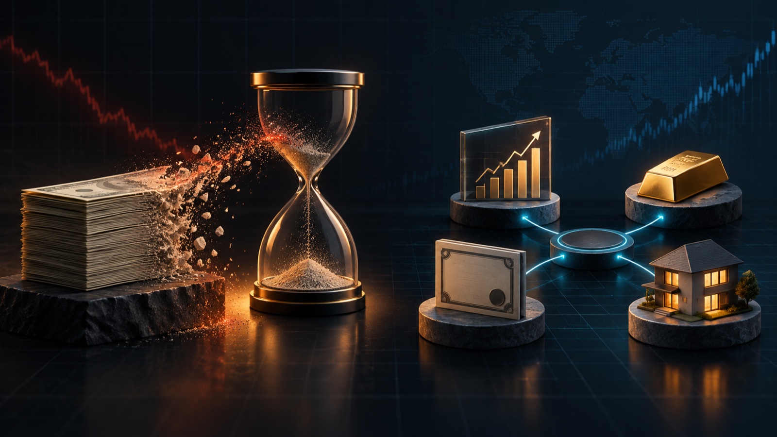 Cash eroding into dust beside an hourglass while equities, gold, bonds, and property remain balanced in a diversified network