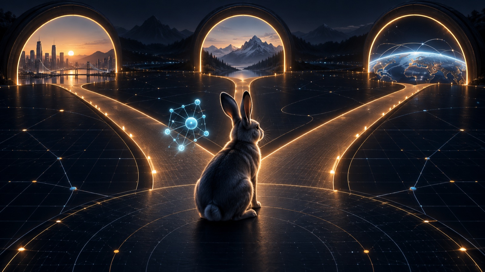 An alert rabbit at a crossroads with three illuminated paths and a small constellation of AI nodes beside it
