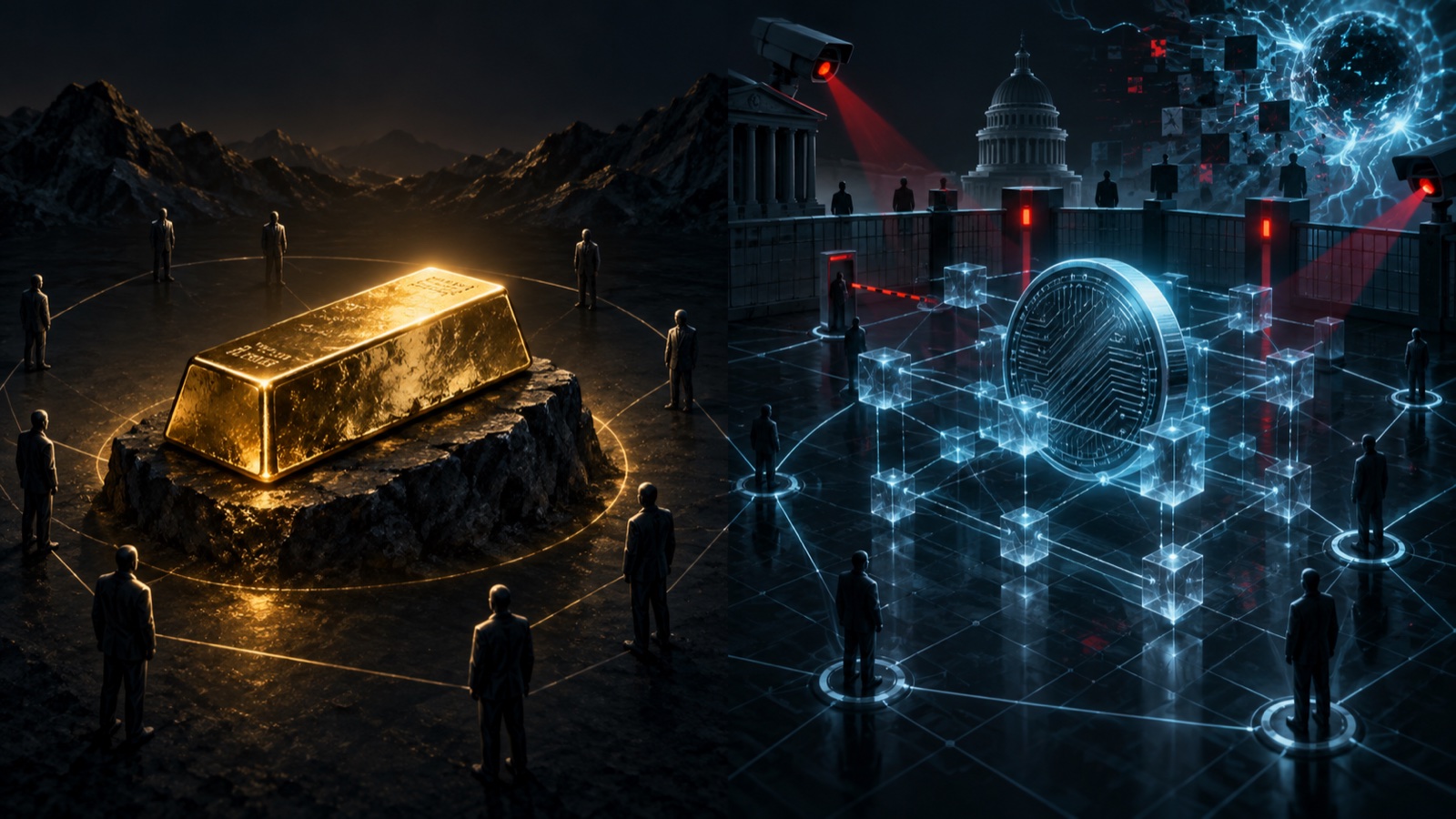 A physical gold bar outside a network of counterparties contrasted with a digital coin exposed to surveillance, regulation, and technological disruption